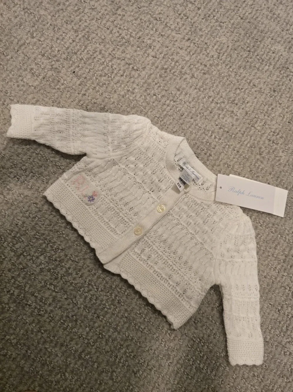 NEW Ralph Lauren Cream Knit Baby Cardigan with Subtle Embroidery